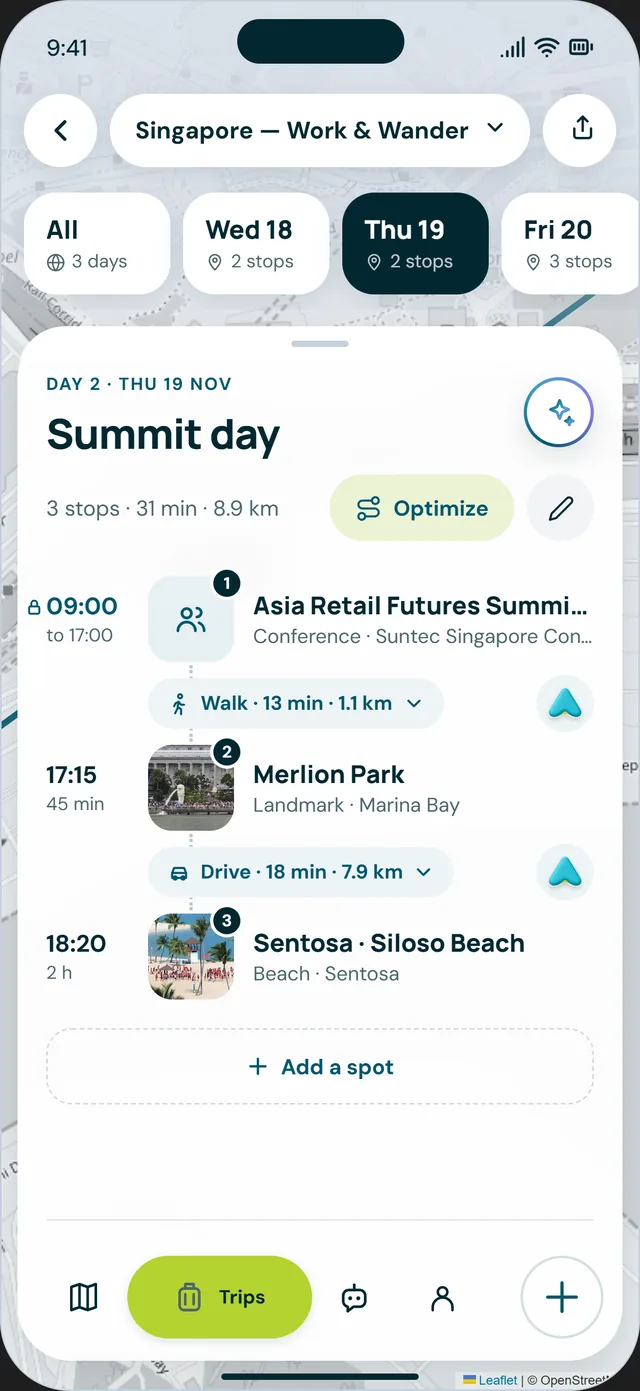 GoCo's Summit day, Thu 19 Nov in Singapore: the summit locked 09:00 to 17:00, Merlion Park at 17:15 and Sentosa at 18:20.